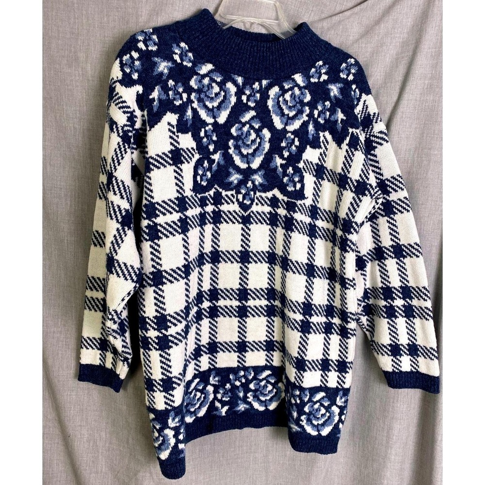 Vintage Carriage Court Blue White Floral Plaid‎ Knit Sweater Cottage Cozy
